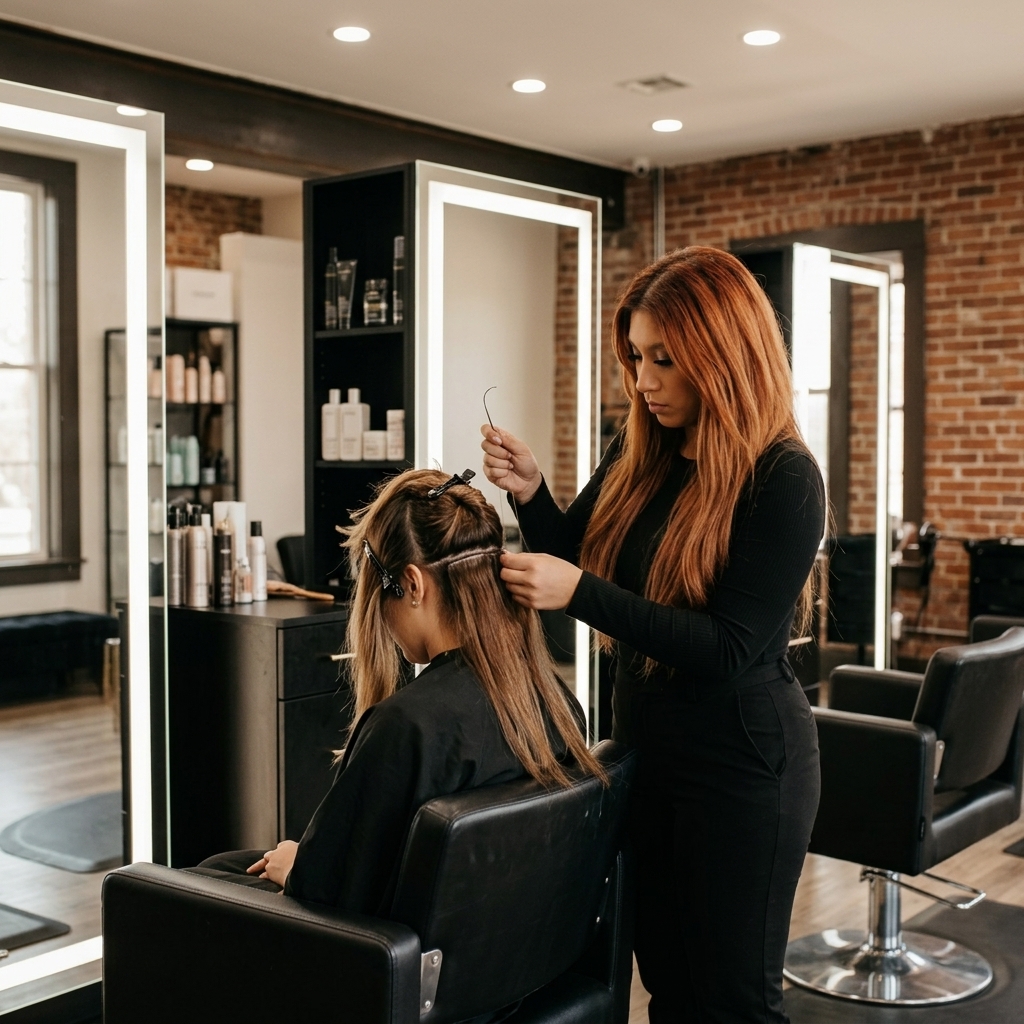 Studio owner Lucy performing a seamless hair extension service on a client in the salon