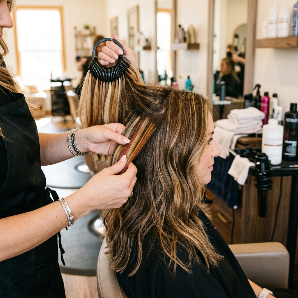 Stylist holding multi-tonal extension hair swatches against client's natural hair during color-matching process