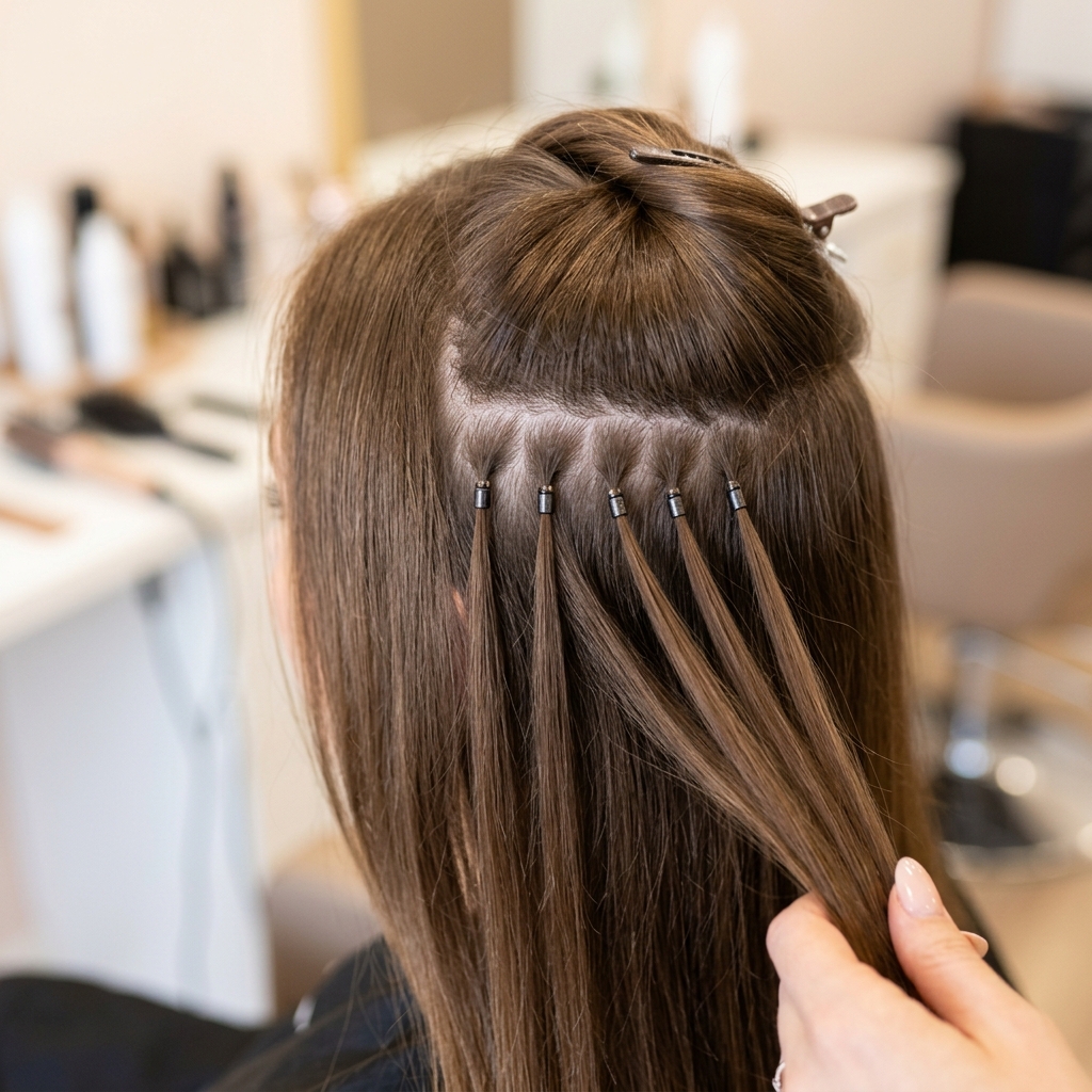 Close-up of individual I-tip hair extensions attached neatly near the roots using micro-beads