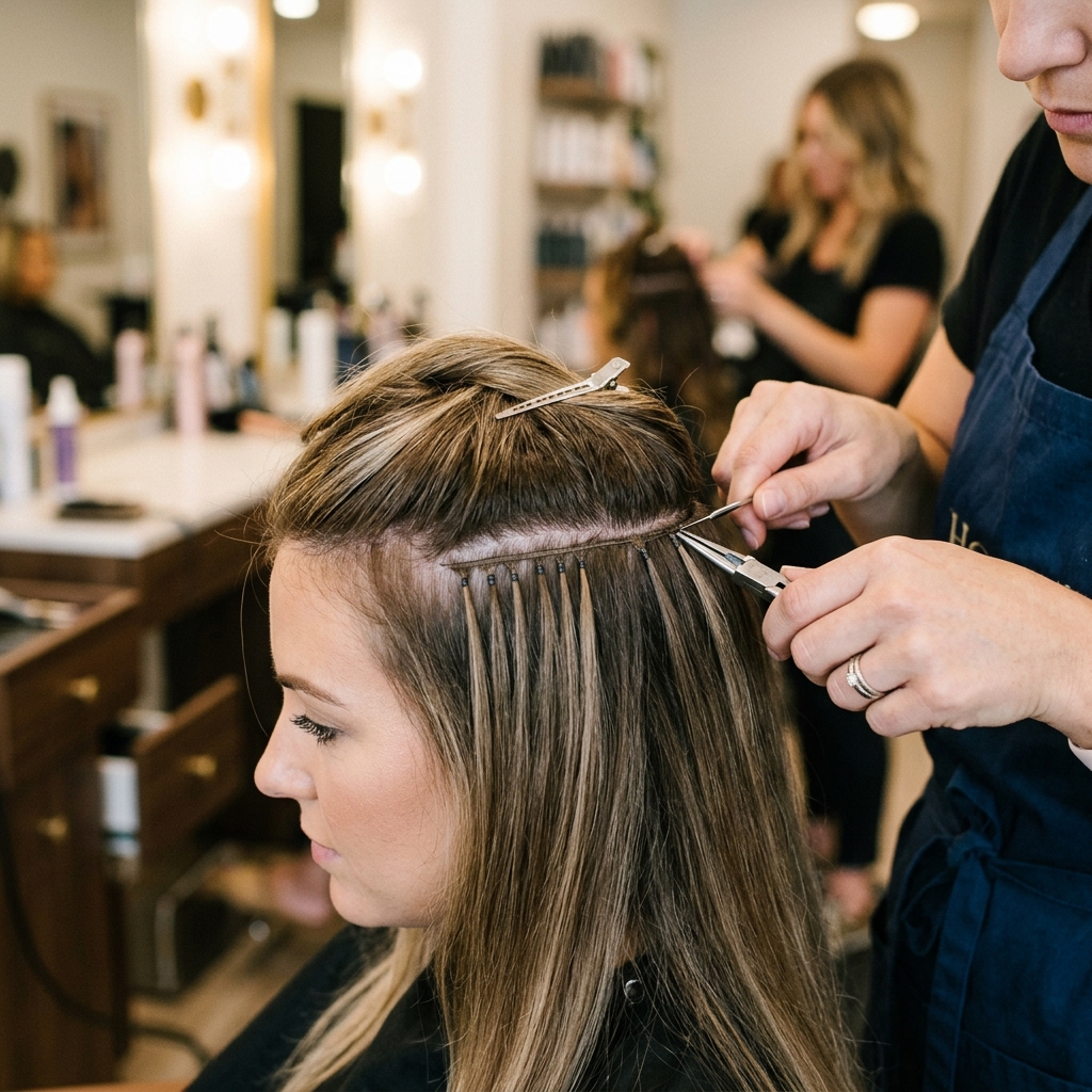 Close-up of an invisible weft installation laying completely flat and undetectable against the scalp