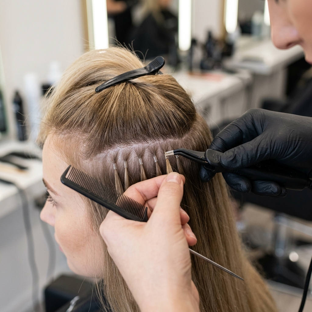 Close-up of keratin K-tip bond extensions fused to individual strands using a low-heat micro-fusion technique