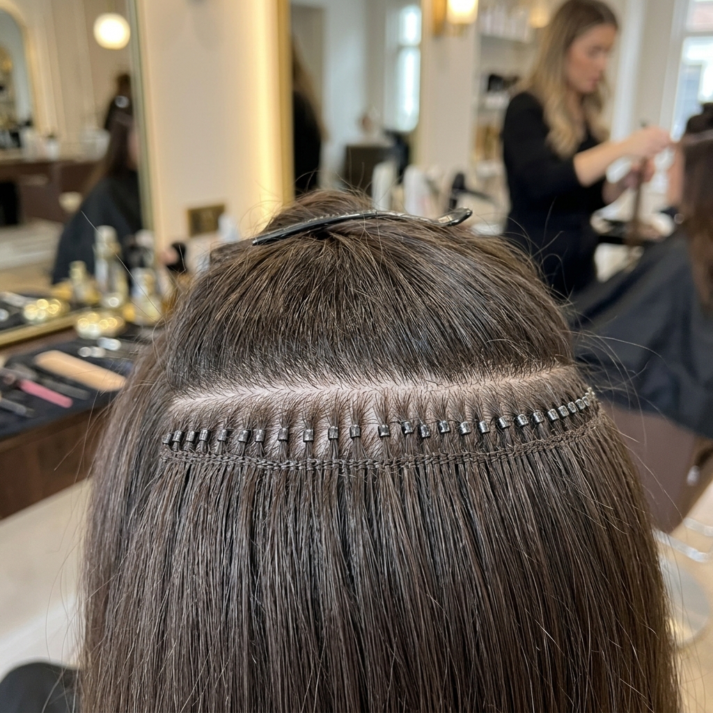 Close-up of a professional sew-in weft hair extension installation showing wefts sewn to a micro-beaded track
