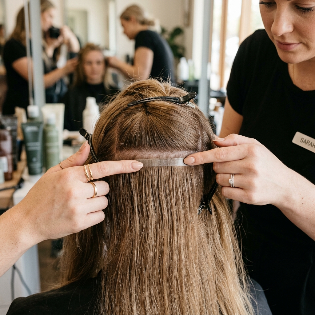 Close-up of a tape-in hair extension sandwich showing thin skin-weft tabs applied to a hair parting